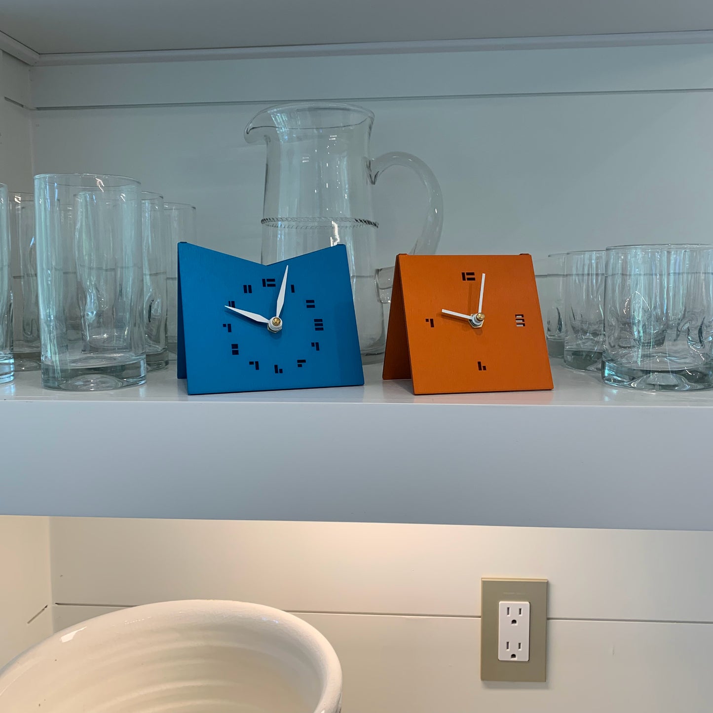 The KittyKat Clock Modern Desk Clock in aqua and orange