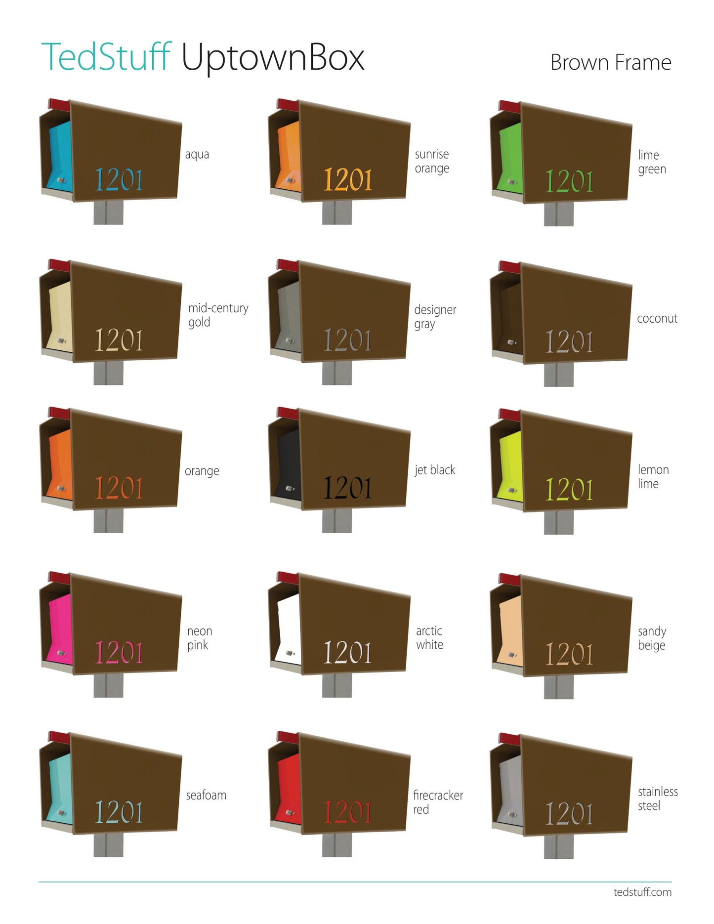The Original UptownBox modern mailbox in Brown Frame color guides