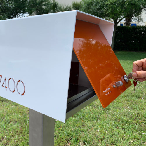 The Original UptownBox in DESIGNER GRAY - Modern Mailbox orange white