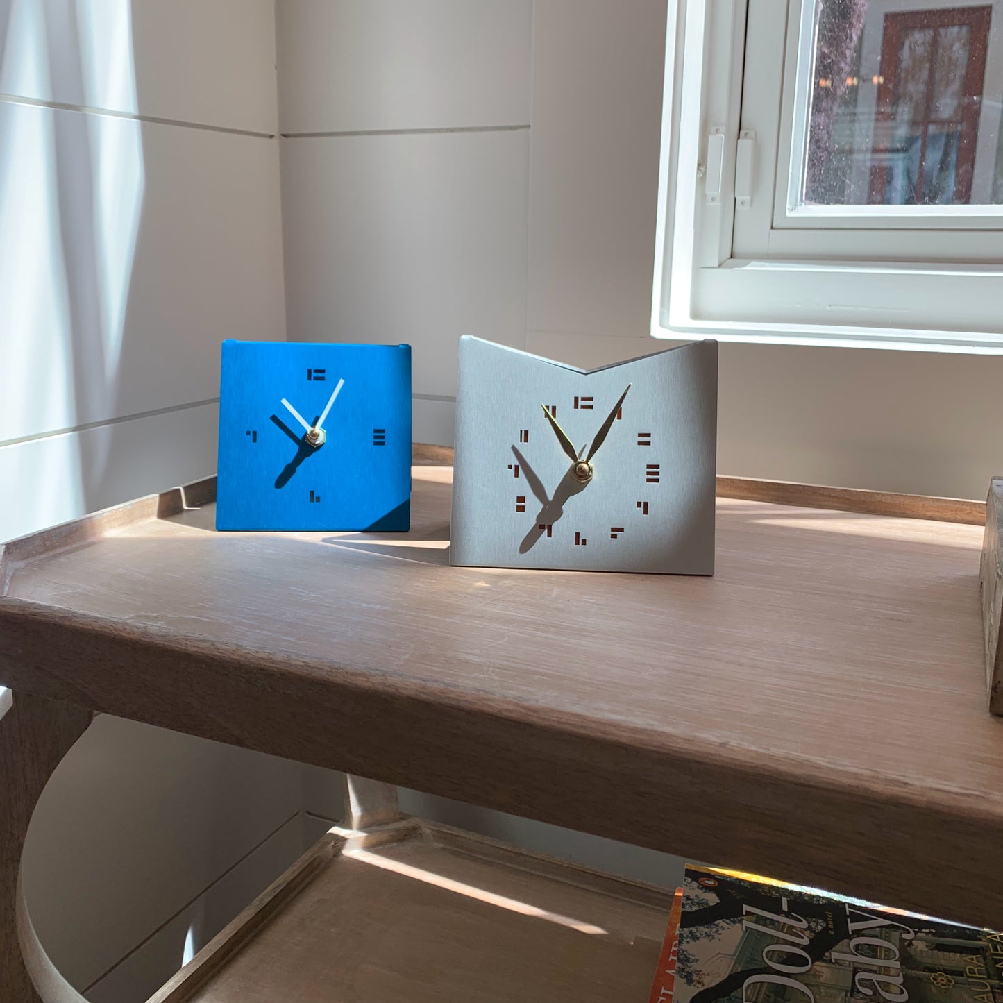 The KittyKat Clock Modern Desk Clock in aqua and mid-century gold